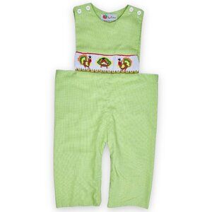Boys Green Thanksgiving Holiday Turkey Smocked Longalls Romper Outfit 18 / 24m